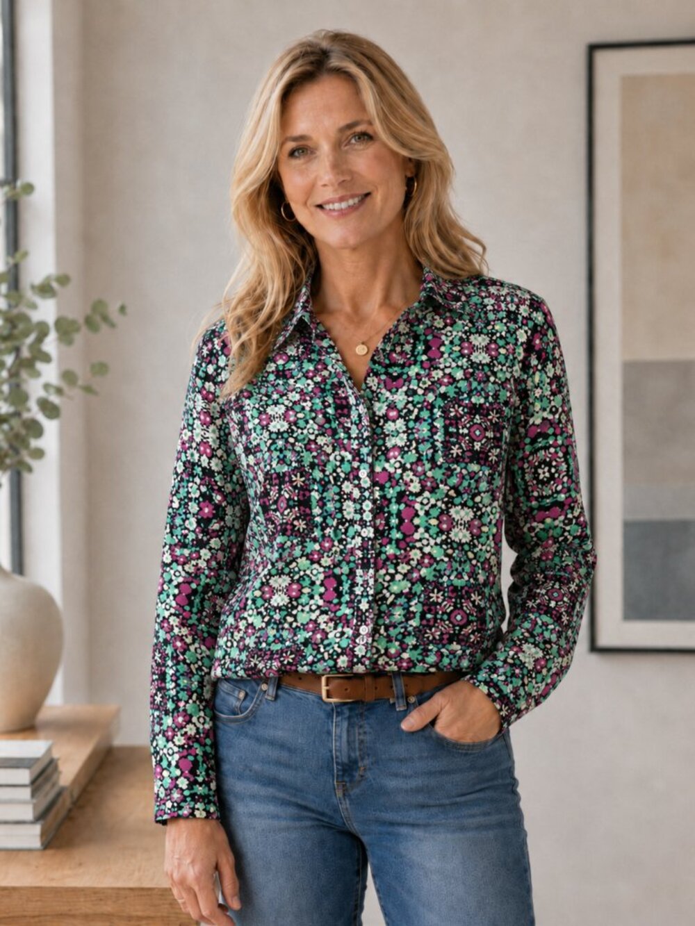 The Limited Blouse Sz S Multicolor Floral Button Up Roll Tab